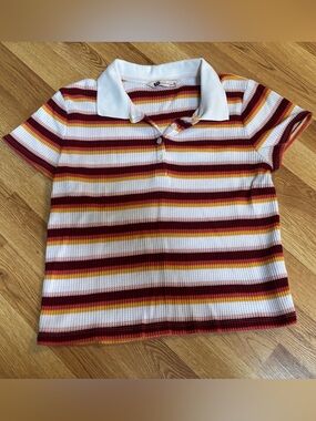 SO Polo Maroon Yellow White Striped Collared Waffle Knit Cropped Top Women’s XL